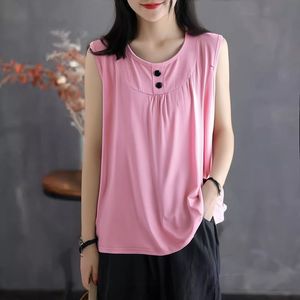 Women's Solid Color Round Neck Sleeveless <b>Vest</b> <b>Top</b> Pink Acrylic Fiber Breathable Loose Fit Summer Style With Button Design - Product Image 1