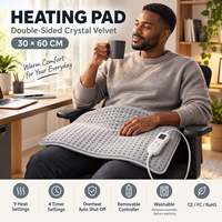 Coussin chauffant électrique gris 30x60cm, double face en polaire, 9 réglages de chaleur, protection contre la surchauffe, lavable en machine