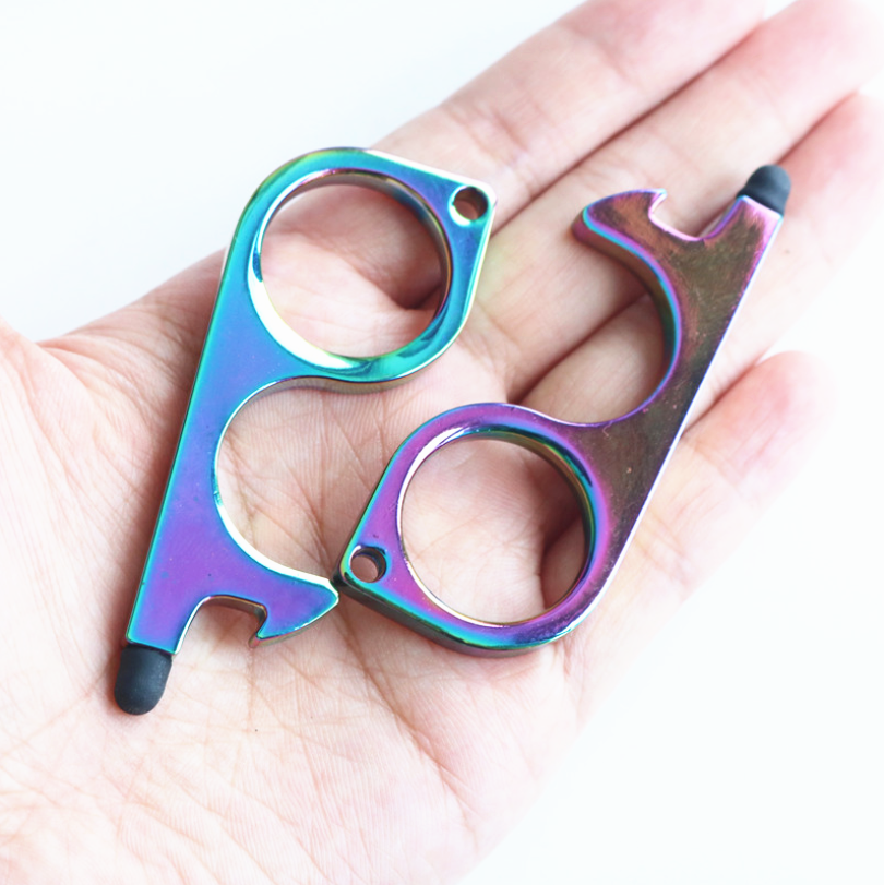 Универсальный инструмент с дистанционным управлением, Открыватель радужной расцветки без контакта, с брелоком для чистки и безопасности