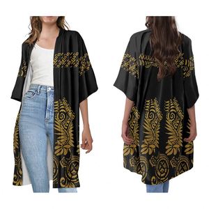 Cardigan d'été à manches courtes pour femmes, vêtements inspirés de styliste, <span class=keywords><strong>Trench</strong></span>-Coat personnalisé imprimé Tiare <span class=keywords><strong>rouge</strong></span> hawaïen Tribal polynémien - Product Image 4