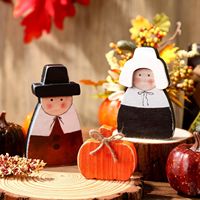 Décoration d'automne pour Thanksgiving : Ornements en bois, Paire de pèlerins, Panneaux de table, Style ferme vintage, Ornements de bureau imprimés UV