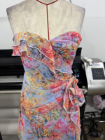 Ventes directes d'usine, robes pour femmes à imprimés floraux et volants, robes sans bretelles, robes moulantes, mode féminine