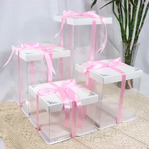 Box Black 6 8 10 12 Inch Square Black High Wedding Transparent Acetate Plastic Tall Clear Cake Box Packaging With Lid Handle 10 X 10 X 6