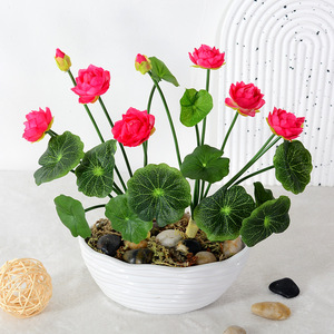 Fleur de lotus rouge artificielle, <span class=keywords><strong>faux</strong></span> lys d'eau avec feuille de lotus, décoration zen pour la maison, bonsaï de table, vente en gros - Product Image 1