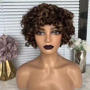 Cổ Phiếu Giá Rẻ Qua Đêm Vận Chuyển Perruque Pixie BOB Cut Trinh Remy Brazil Loose Xoăn Glueless Tóc Ngắn Con Người Tóc Giả