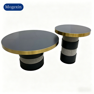 Modern Luxury Round Coffee Table <b>Set</b> Gold Trimmed Tabletop with Layered Cylindrical Base Nesting Table for Living Room - Product Image 6