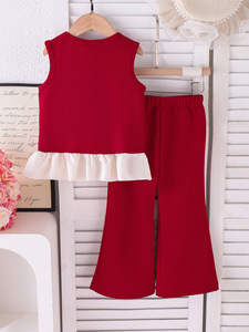 Ensemble de vêtements pour filles de <span class=keywords><strong>4</strong></span> à 7 <span class=keywords><strong>ans</strong></span>, haut rouge à manches courtes en tricot avec nœud et perles, mini-short, vêtements pour enfants - Product Image 3