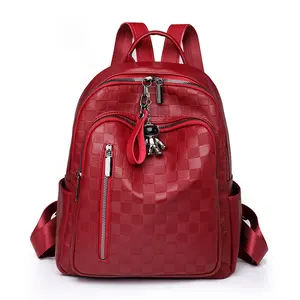 Wholesale Female Square Print Backpacks For Women Pure Color Travel Backpack Pu Leather School Students Girls Bags