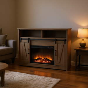 Chimenea Eléctrica con 2 Estantes y Puertas, Roble Rústico, 1500W, 10000-19999 BTU, Montaje en Suelo para el Hogar - Product Image 2