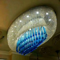 JYLIGHTING Lustre de plafond personnalisé sur mesure en forme ovale avec cristaux facettés en forme de larme, bleu cobalt brillant, pour utilisation hôtelière