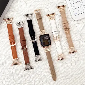 New Luxury D Shaped Metal Connector Watch Genuine Leather Strap For Apple Watch Band 38mm 40mm 42mm 44mm 45mm 49mm