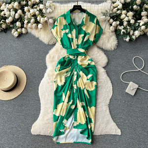 Robe Rétro 2024 pour Femme, Boutonnage Simple, Plissée, Taille en Dentelle, Silhouette Ajustée, Jupe Longue Élégante en Mousseline de Soie, Style <span class=keywords><strong>Mature</strong></span>, Commande Personnalisée - Product Image 3