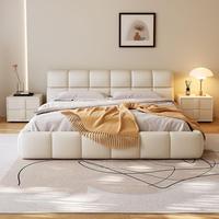 Lit double moderne et simple en tissu crème YISI avec cadre en bois de pin, rangement haute boîte, design moelleux, hauteur réglable, autres caractéristiques