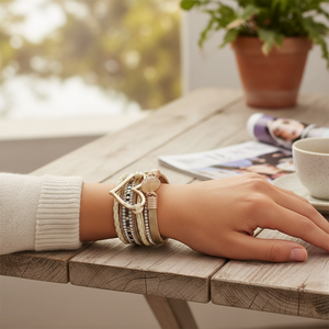 Bracciale a Polsino Largo a Forma di Cuore per Donna, Braccialetti Multistrato in Pelle, Accessorio di Moda - Product Image 3