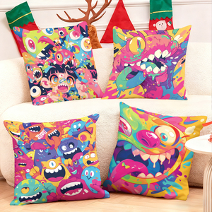 Bantal hias monster kartun yang cerah menghiasi sofa ruang tamu yang nyaman dengan kaus kaki liburan yang meriah di latar belakangnya. - Product Image 1