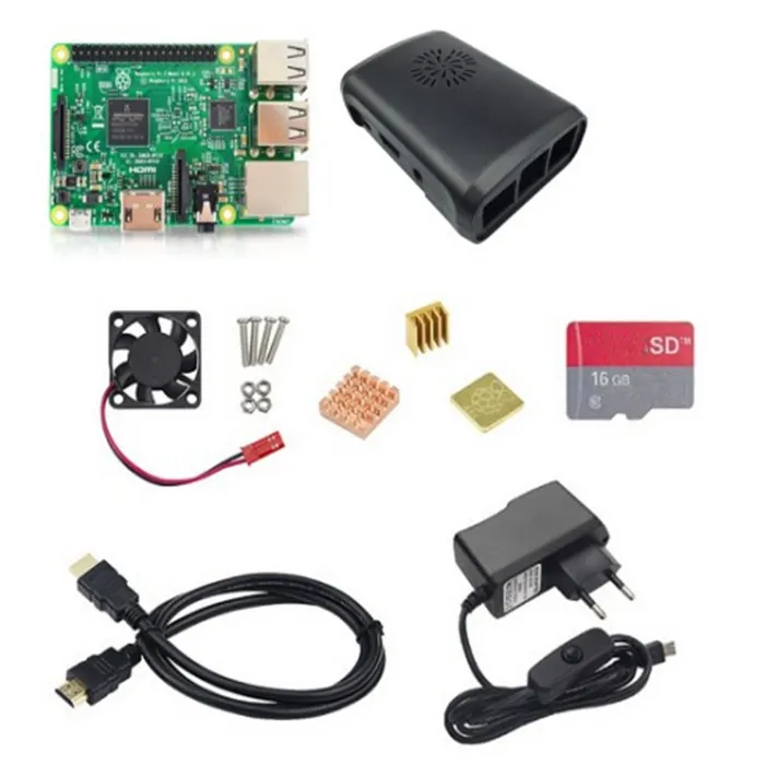 Pi3 Starter Kit Raspberry Pi 3 B + ABS Case + Fan with Heat Sink + SD Card + Heat Sink + cable + 5V 2.5A Power adapter