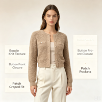 Gaby – Cardigan tricoté à manches longues pour femme, beige, en maille pointelle de haute qualité, avec boutons en corne, couleur marron, personnalisable OEM