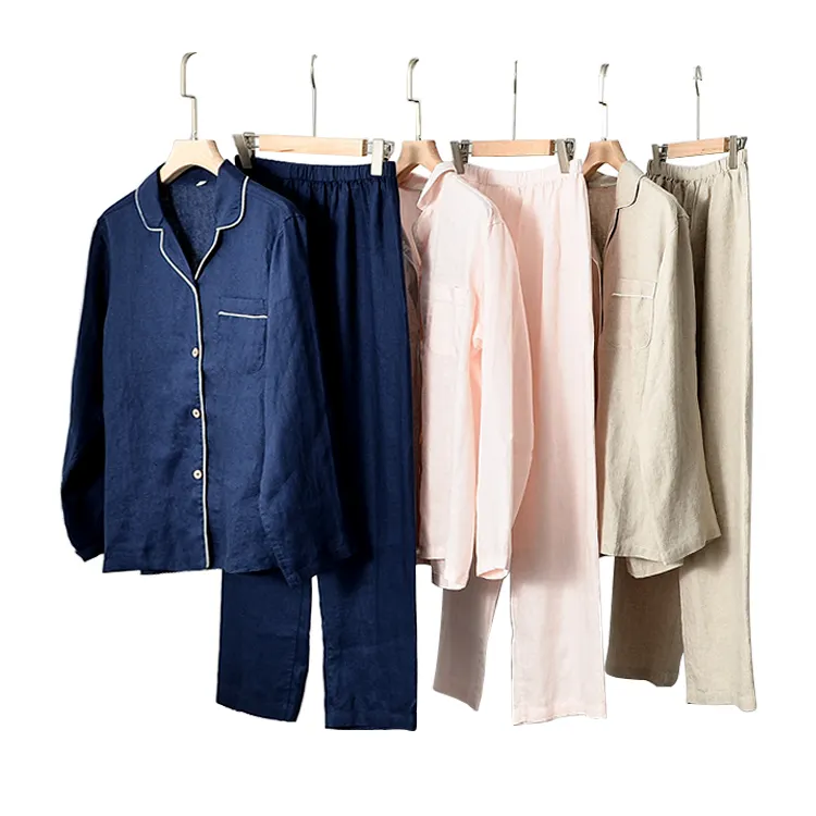 Wholesale Custom Clothes Women Sleepwear 100% Pure Linen Flax Nightwear Pajamas Set