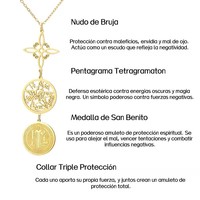 Collar con Colgante de Triple Protección, Nudo de Bruja, Pentagrama, Tetragramatón, San Benito, Acero Inoxidable, Amuleto Espiritual