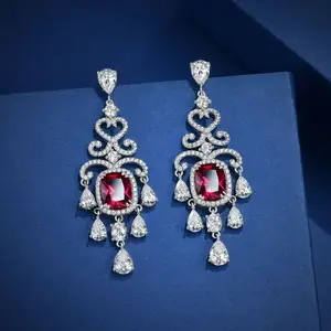 925 Sterling Silver 5A Cubic Zirconia CZ Elegant Bridal Wedding Ruby Hollow Chandelier Filigree Dangle Chandelier Drop Earrings