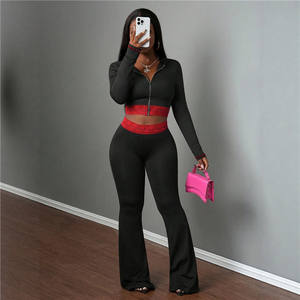 Dantel Patchwork kadın sonbahar iki 2 parça Set uzun kollu fermuar kapşonlu ceketler kırpma üst + pantolon rahat takım elbise - Product Image 3