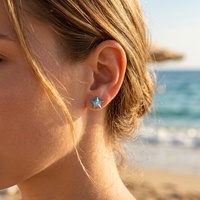 Boucles d'oreilles clous écologiques en cuivre S925 avec émail bleu étoile de mer et fermoir à vis, collection été Thème Vie marine, bijoux de vacances