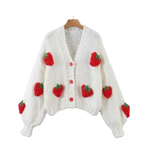 FYB Custom Handmade Strawberry Sweater Cardigan Cropped Sweater Puff Sleeve Crochet Cardigan Women
