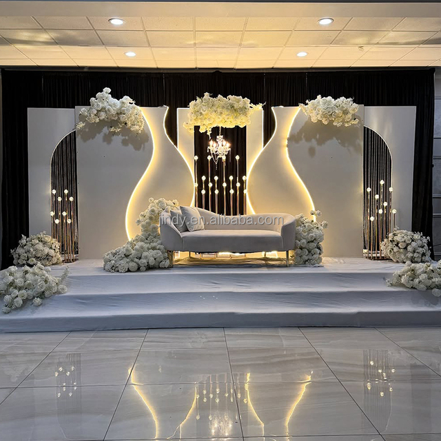 New Design Wedding Hall Stage Decoration Backdrop Set Acrylic Arch Events Backdrop Stand with LED Light Strip