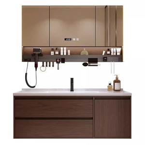 <b>Walnut</b> color bathroom <b>cabinet</b> mirror ceramic integrated hand wash basin smart mirror <b>cabinet</b> - Product Image 5