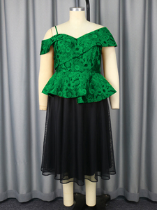 AM050344SET Asymmetrical Peplum Jacquard <strong>Top</strong> <strong>Tulle</strong> a Line Skirt Patchwork Women Formal Two Pieces Sets - Product Image 6