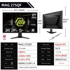 Màn hình máy tính để bàn MSI MAG275QF 27 inch 2K 180Hz IPS HDR màn hình rộng thiết kế phẳng màu đen dành cho chơi game trên PC - Product Image 1