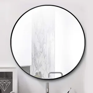 Espejo redondo de plata montado en la pared para decoración del hogar, con marco de aluminio negro dorado