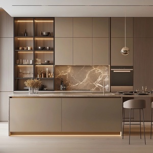 Gabinetes de cocina de isla listos para ensamblar, muebles de cocina de carcasa de madera contrachapada de diseño personalizado de fábrica, Armarios con tira de luz LED - Product Image 2