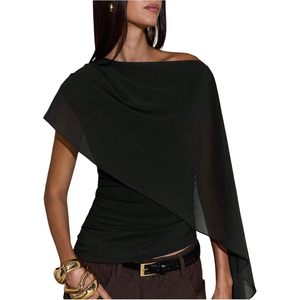 FOXA Women's Ruched Cape <b>One</b> Shoulder Short Sleeve Asymmetrical Neck Fitted Crop <b>Top</b> 100% Polyester - Product Image 1