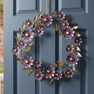Corona de Flores Metálica Rústica Hecha a Mano, Decorativa, con Margaritas Púrpuras, Redonda, para Colgar en la Pared, Sin Iluminación, Paquete Individual - Product Image 3