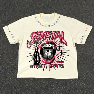 เสื้อยืดคอตตอนถักทรงครอป ดีไซน์เนอร์สำหรับฤดูร้อน สไตล์สตรีทแวร์ ทรงบ็อกซี่ โอเวอร์ไซส์ ยูนิเซ็กซ์ คอเสื้อประดับคริสตัล ระบายอากาศได้ดี - Product Image 1