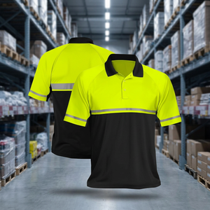 Hi-Vis Fluorescent Yellow Black Short Sleeve Safety <b>Polo</b> Shirt with Reflective Tape Polyester Workwear Unisex - Product Image 3