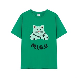 T-shirt unisex in cotone verde girocollo a maniche corte vestibilità ampia con stampa gatto cartone animato M.I.G.U. per tutte le stagioni, top casual - Product Image 1