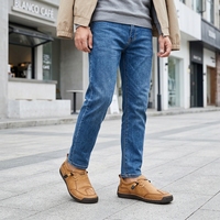 Mocassins pour hommes en cuir véritable antidérapants à enfiler avec surpiqûres, décontractés, tendance, polyvalents, pour l'extérieur, semelle extérieure en caoutchouc