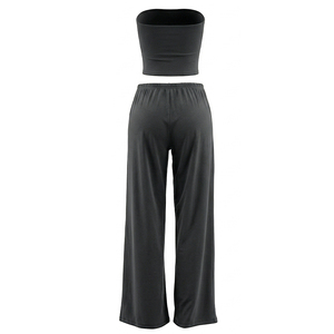 Viviblook D26ST119 Ensemble pantalon d'été pour femme Nouveau ensemble deux pièces décontracté couleur unie avec crop top sans bretelles et pantalon droit à cordon de serrage - Product Image 5