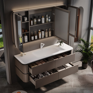Mueble de Baño con Lavabo Simple/Doble de 60-92 Pulgadas con Luz LED, Mueble de Baño Suspendido en la Pared, Gabinete de Baño <span class=keywords><strong>para</strong></span> <span class=keywords><strong>Baños</strong></span> Minimalistas - Product Image 5