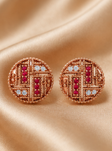 925 Sterling Silver Rose Gold Plated Vintage Round Stud <b>Earrings</b> with Ruby <b>Red</b> Cubic Zirconia and White CZ Geometric Filigree - Product Image 5