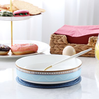 Service d'assiettes en porcelaine fine, rondes, blanches, avec bordure dorée, pour la salle à manger