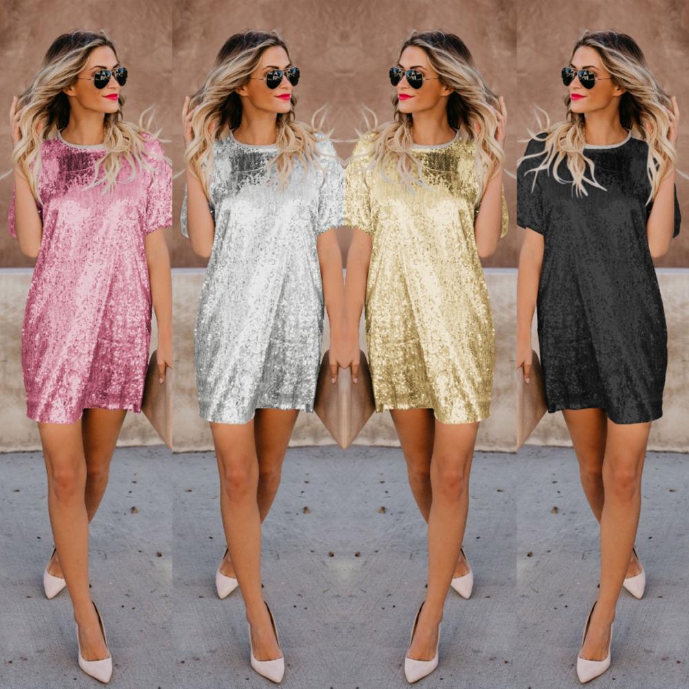 Негабаритных футболка Платья Женская летняя обувь 2019 золотого, серебряного цвета платье с блестками женская обувь больших размеров; Платье с вырезом лодочкой и короткими рукавами для детей; Уличная Повседневная обувь