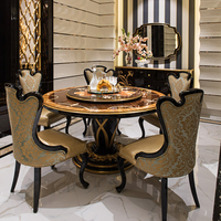 Table à manger en laque brune de style baroque italien, 4, 6 ou 8 chaises de salle à manger brodées dorées, ensemble de salle à manger de luxe antique pour villa, ferme ou hôtel