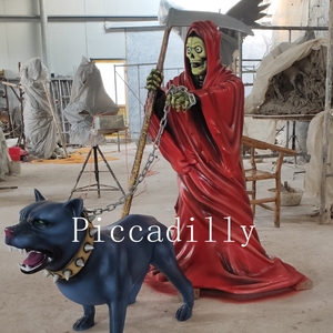 Santa Muerte En Fiber De Verre Finition Faucheuse avec Statue de chien pour la décoration Extérieure - Product Image 4