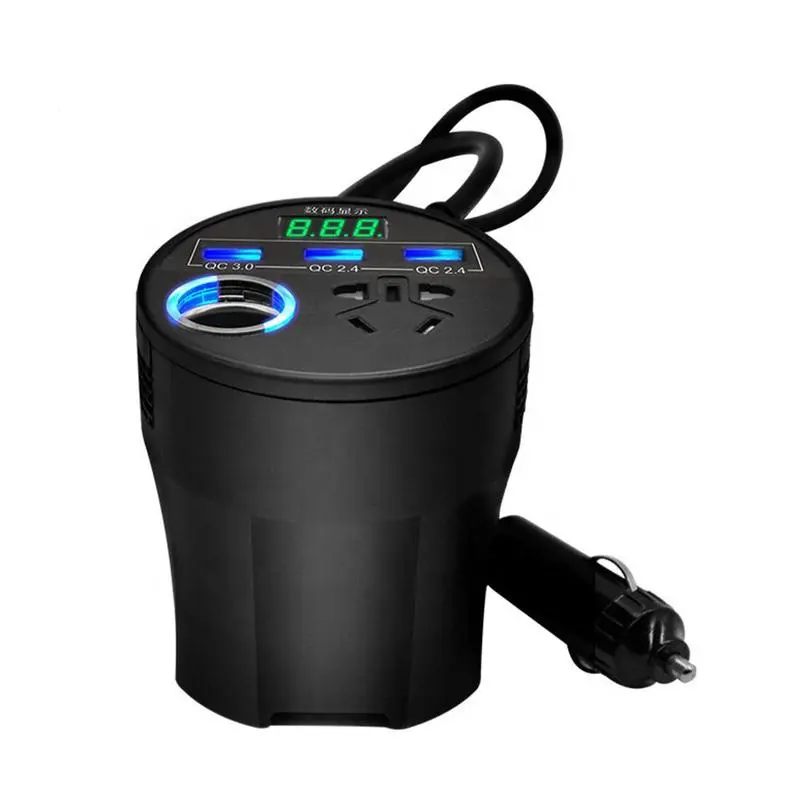 Cupholder estilo carro poder inversor 24V 12 v 220 v 120W Led Display 3 portas USB isqueiro QC3.0 inversor 12 v 220 v