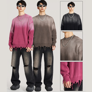 Felpa Vintage con Effetto Acid Wash, Taglio Corto, Sfumata e Invecchiata per Uomo, Maglione Lavorato a Maglia con Effetto Consumato - Product Image 3