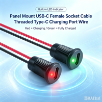 Connecteur USB-C femelle à montage sur panneau LN-006, câble 24AWG de 15 cm, connecteur Type-C fileté avec deux indicateurs de charge LED rouge et vert