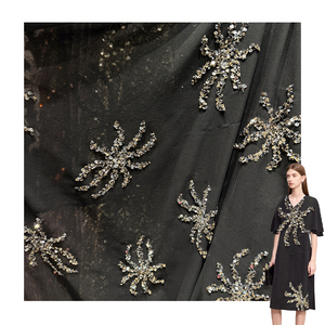 Tela de Chifón con Lentejuelas y Bordado de Fuegos Artificiales en Color Marrón Albaricoque y Negro con Efecto Brillante de Puntada Aleatoria 3D para Vestidos de Verano y Primavera - Product Image 1